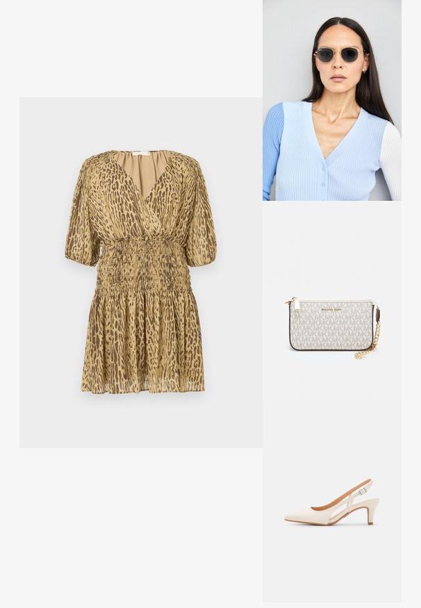 Krátké béžové šaty s hnědým leopardím vzorem, hlubokým výstřihem do V, nadýchanými polovičními rukávy a nabíraným elastickým pasem a sukní.; Bílé lodičky na podpatku s špicatou špičkou, hladkým svrškem, nízkým blokovým podpatkem a designem s bočním výřezem se stahovací sponou.; Kulaté sluneční brýle s tmavými čočkami a zlatými rámy. Modelka má na sobě světle modrý žebrovaný kardigan s knoflíky a kontrastními bílými rukávy.; Kabelka na zápěstí Michael Kors v béžové potažené plátno s opakujícím se vzorem loga MK, zlatými kovovými doplňky a odnímatelným řetízkovým popruhem.