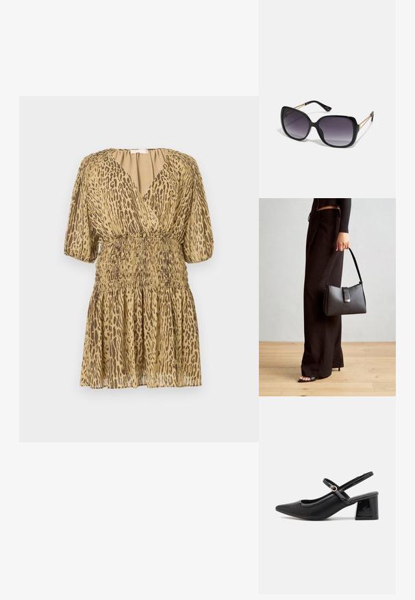 Short beige dress with brown leopard print, deep V-neck, puffed half sleeves, and gathered elastic waist and skirt.; Black patent leather slingback heels with a pointed toe, a rounded cutout design, and a block heel. Features a gold-tone buckle accent.; Black oversized sunglasses with gradient lenses, thick frames, and gold-tone chain detailing on the temple arms.; Black handbag with structured shape, smooth texture, and a metallic clasp. Paired with wide black pants and open-toe sandals on wooden floor.