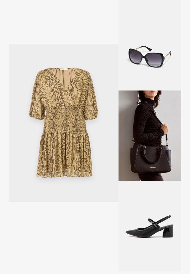 Short beige dress with brown leopard print, deep V-neck, puffed half sleeves, and gathered elastic waist and skirt.; Black patent leather slingback heels with a pointed toe, a rounded cutout design, and a block heel. Features a gold-tone buckle accent.; Black oversized sunglasses with gradient lenses, thick frames, and gold-tone chain detailing on the temple arms.; Black handbag with textured surface, dual top handles, and adjustable shoulder strap. Features gold-tone hardware and side pockets.