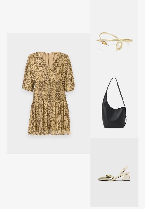 Robe courte beige avec imprimé léopard marron, décolleté en V profond, manches mi-longues bouffantes, et taille et jupe élastiquées froncées.; Talons aiguilles dorés métalliques avec un bout pointu et un talon épais. Texture lisse, design minimaliste et une fine bride.; Sac hobo en cuir noir avec une texture lisse, une forme incurvée et une seule sangle réglable ; dispose d'une large ouverture en haut.; Bracelet en métal couleur or avec un design fluide et courbé. Présente un petit accent argenté proéminent à une extrémité.