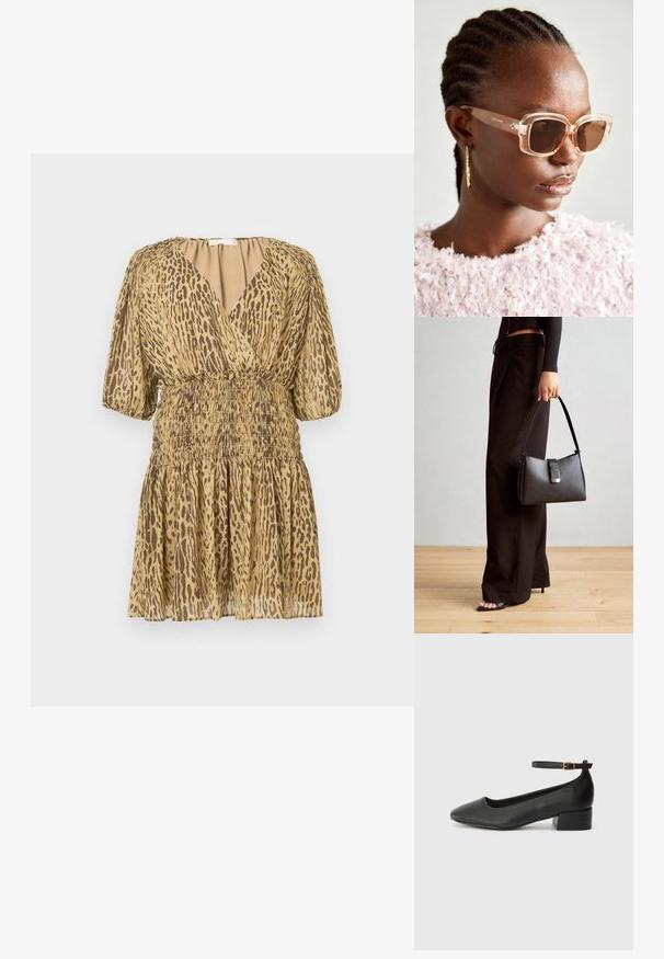 Lyhyt beige mekko, jossa on ruskeaa leopardikuosia, syvä V-muotoinen kaula-aukko, puffimaiset puolihihat sekä kerätty joustava vyötärö ja hame.; Mustat nahkakengät, joissa on terävä kärki ja matala lohkare korko. Varustettu nilkkahihnalla, jossa on kultasävyinen solki. Lisää sileä pinta.; Beige-yksinkertaiset aurinkolasit, joissa on kirkas kehys ja ruskeat sävytetyt linssit, jotka sisältävät hienovaraisia kukkakuvioita ja rohkeaa geometristä muotoilua.; Musta käsilaukku, jossa on rakenteellinen muoto, sileä pinta ja metallinen solki. Yhdistetty leveisiin mustiin housuihin ja avonaiheisiin sandaaleihin puulattialla.