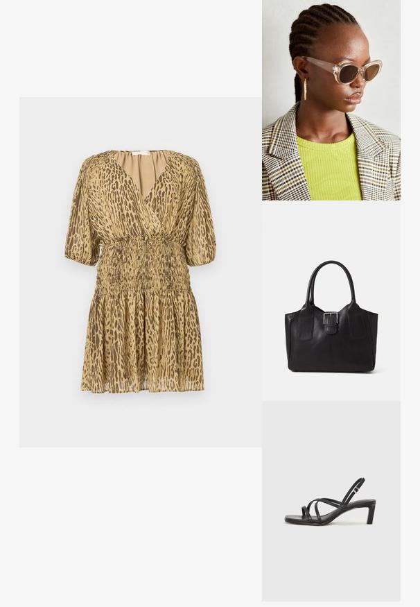 Trumpas smėlinis suknelė su rudu leopardų raštu, giliu V formos iškirpimu, pūstomis pusėmis rankovėmis ir surinkta elastine juosmens ir sijono dalimi.; Juodi šlepetės su kvadratiniu pirštu ir žemu bloku kulnu. Yra keli ploni dirželiai ir reguliuojamas kulkšnies diržas. Pagaminti iš lygios odos.; Skaidrios katės akių saulės akiniai su ruda objektyvo spalva ir skaidriais rėmeliais. Modelis vilki žalią raštuotą viršutinę dalį ir languotą švarką. Auksinės apskritos auskarai.; Juodas odinis nešiojamas krepšys su lygiu paviršiumi, struktūrine forma, dviem rankenėlėmis ir ryškiu sidabriniu sagties akcentu priekyje.