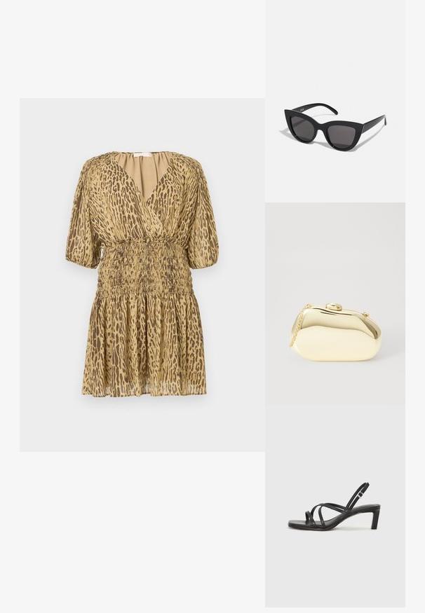 Short beige dress with brown leopard print, deep V-neck, puffed half sleeves, and gathered elastic waist and skirt.; Black strappy sandal with a square toe and a low block heel. Features multiple thin straps and an adjustable ankle strap. Made of smooth leather.; Black cat-eye sunglasses with a matte finish, featuring gray tinted lenses, sharp angles, and sleek side arms. Brand name visible on the inner arm.; Metallic gold clutch with a smooth, rounded shape, featuring a top button clasp and a small chain strap for carrying.