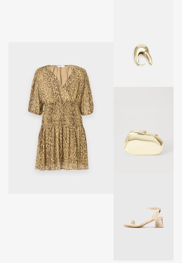 Kratka bež haljina s smeškastim leopard uzorkom, dubokim V-izrezom, naduvenim polu rukavima i skupljenim elastičnim strukom i suknjom.; Zlatne metalne sandale na petu s kutnim blok petom, dva remenska traka preko stopala i podesivim remenom oko gležnja. Glatka tekstura.; Metalni zlatni clutch s glatkim, zaobljenim oblikom, s gornjim kopčom na dugme i malim lancem za nošenje.; Zlatne metalne naušnice s elegantnim, zakrivljenim dizajnom. Imaju karakterističan šiljast oblik, poliranu površinu i zatvaranje na šarku.