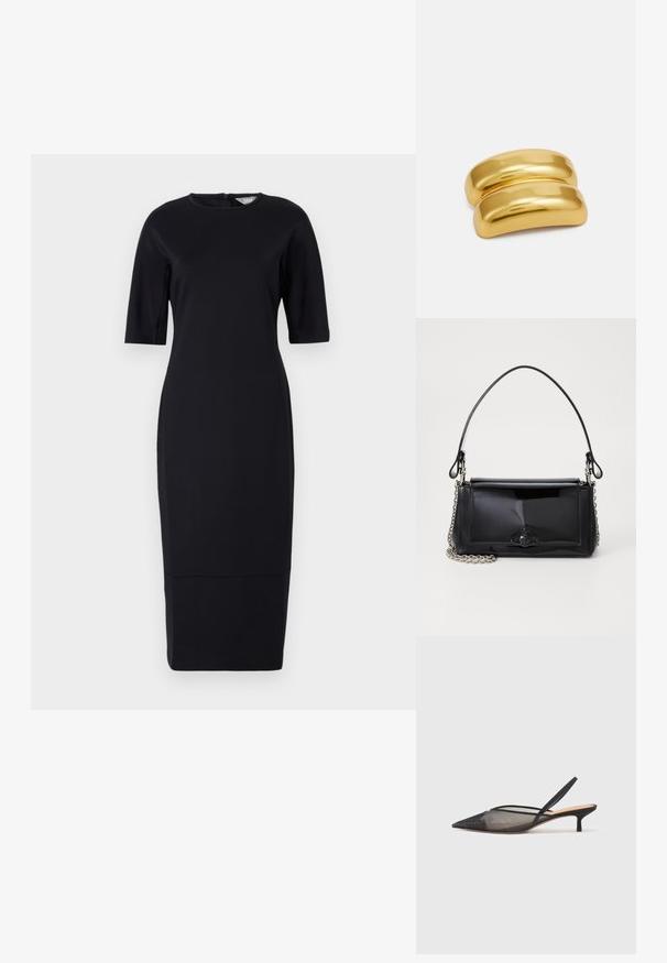 Abito nero aderente, di lunghezza al ginocchio, con maniche corte, scollo rotondo e zip sul retro. Tessuto liscio con una leggera lucentezza.; NEOUS IRENA - Decolleté - black; Borsa a tracolla in vernice nera con forma rettangolare, tracolla a catena e un distintivo accessorio in metallo al centro. Texture liscia.; Fermaglio per capelli in metallo dorato con un design liscio e arrotondato. La superficie è riflettente, caratterizzata da una forma curva unita senza ulteriori decorazioni.