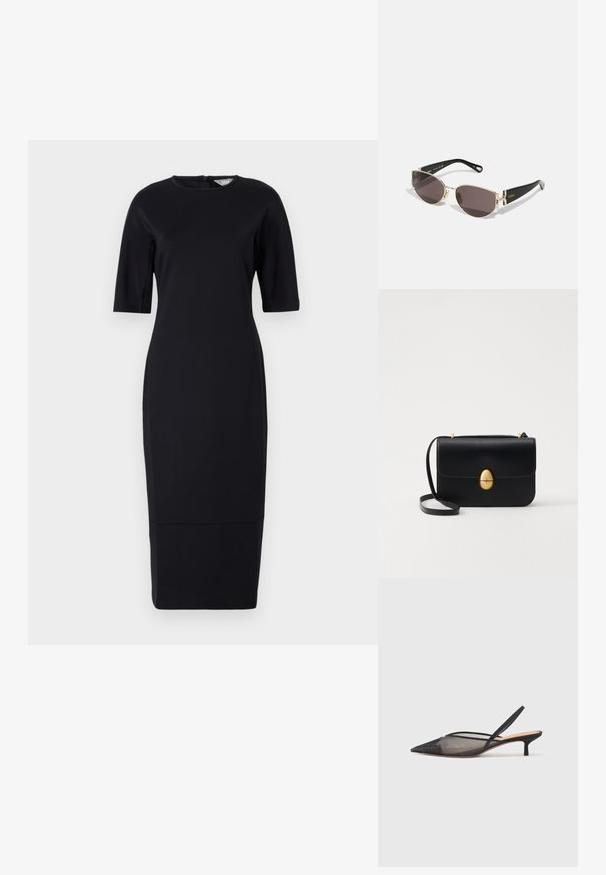 Mustmust värvi, kehaümberpüüdv, põlvepikkune kleit lühikeste varrukatega, ümmarguse kaelusega ja seljaosal lukuga. Sile kangas, millel on kerge sära.; NEOUS IRENA - Klassikalised kontsakingad - black; Mustad ja kuldsetes prillides, kitsas ovaalne raam, tumedad läätsed ja dekoratiivsed detailid templites. Kerge ja stiilne disain.; Must kase nahast käekott, millel on struktureeritud ristkülikukujuline kuju. Omab kuldset ovaalset lukku ja õhukest õlavarre rihma. Sile tekstuur.