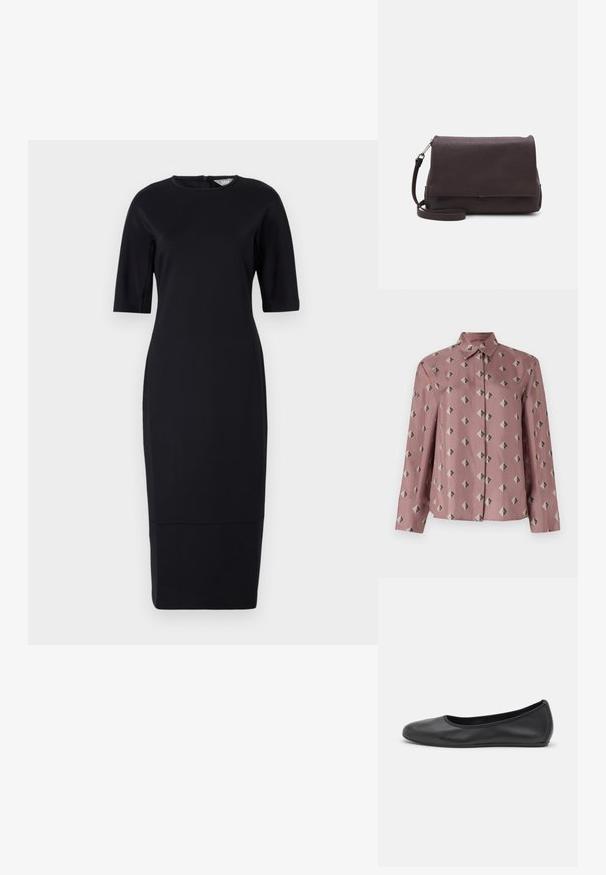 Schwarzes, figurbetontes, knielanges Kleid mit kurzen Ärmeln, rundem Ausschnitt und einem Rückenreißverschluss. Glatte Stoff mit einem dezenten Glanz.; Beige Hemd aus weichem pink farbenem Stoff mit einem geometrischen Muster aus Rauten und Dreiecken in gedämpftem Grau und Schwarz. Lange Ärmel, klassischer Kragen.; Schwarze Leder-Ballettschuhe mit abgerundeter Spitze, glatter Textur, minimalen Nähdetails und einem flexiblen Sohlen-Design.; Tiger of Sweden LIMBIATE UNISEX - Umhängetasche - pure decadence
