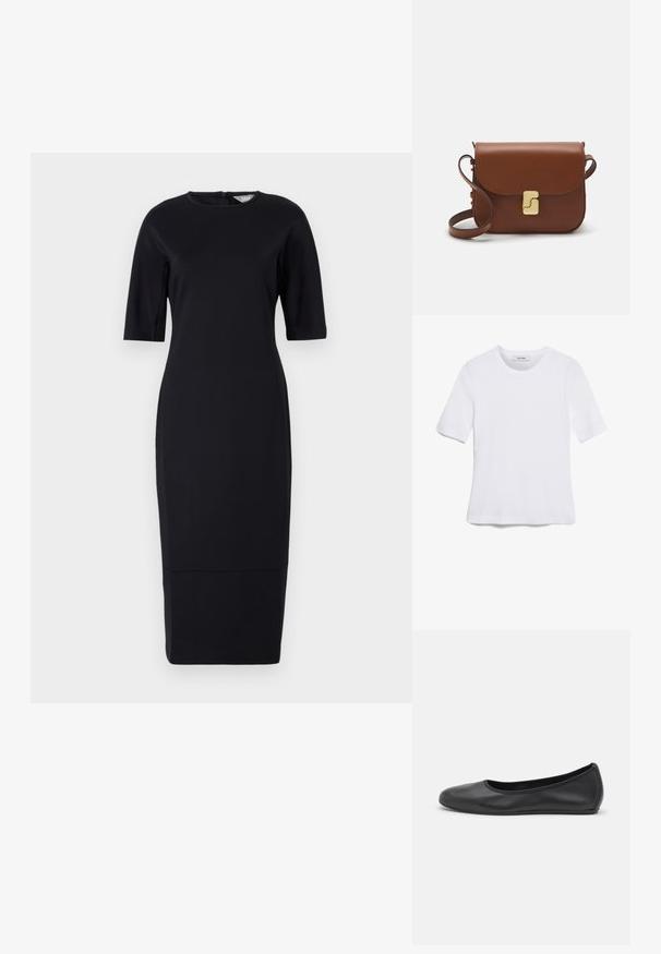 Crna, uska haljina do koljena s kratkim rukavima, okruglim izrezom i zatvaranjem na leđima. Glatka tkanina s suptilnim sjajem.; Bijela majica s kratkim rukavima izrađena od rebraste tkanine. Okrugli izrez, klasičan kroj i suptilni detalji šivanja. Bez uzoraka ili grafika.; Crne kožne baletanke s zaobljenim vrhom, glatke teksture, minimalnim detaljima šavova i fleksibilnim dizajnom potplata.; Smeđa kožna torba s preklopom, zlatnim detaljima, remenom za nošenje preko ramena i glatkom teksturom. Kompaktni pravokutni oblik.