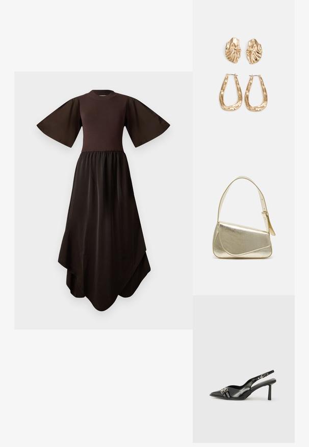 Smeđa haljina s prilagođenim pletenim tijelom i lepršavim kratkim rukavima, koja prelazi u lepršavu, asimetričnu saten haljinu. Glatka tekstura kroz cijelu haljinu.; Crna lakirana slingback cipela s izduženim vrhom, remenčićima oko gležnja s srebrnim kopčama i dijelovima, te vitkim potplatom.; Zlatna metalna torba s uređenim dizajnom, glatkom teksturom i podesivim remenom. Ima jedinstven trokutasti oblik i minimalističko šivanje.; Naušnice zlatne boje s teksturiranim, valovitim oblicima. Uključuju skulpturalne kopče i dizajn otvorene kružnice s kovanom završnom obradom.