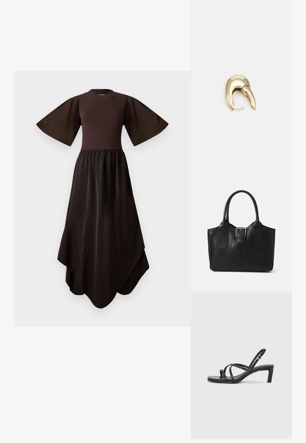 Braunes Kleid mit einem figurbetonten Strickoberteil und schmalen, ausgestellt kurzen Ärmeln, das in einen fließenden, asymmetrischen Satinrock übergeht. Ganze Oberfläche mit glatter Textur.; Schwarze Sandale mit Riemchen, quadratischer Zehenform und niedrigem Blockabsatz. Verfügt über mehrere dünne Riemen und einen verstellbaren Knöchelriemen. Hergestellt aus glattem Leder.; Schwarze Leder-Tote mit glatter Textur, strukturiertem Design, zwei Griffen und einem auffälligen silbernen Schnallen-Detail auf der Vorderseite.; Ohrringe aus goldfarbenem Metall mit einem schlanken, geschwungenen Design. Sie verfügen über eine markante, spitze Form, eine polierte Oberfläche und einen Scharnierverschluss.