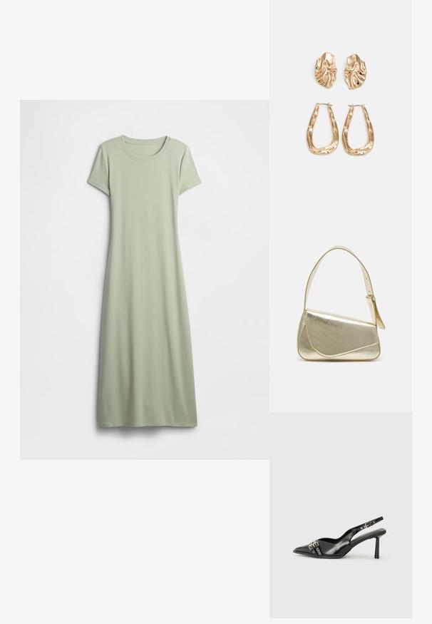 Sukienka z krótkim rękawem w jasnym zielonym kolorze, wykonana z miękkiego materiału. Posiada okrągły dekolt i długi, zwiewny fason bez zdobień.; Czarne lakierowane buty typu slingback z ostrym noskiem, paskami na kostkach z srebrnymi klamrami i elementami metalowymi oraz smukłym obcasem.; Złota metaliczna torebka o strukturalnym designie, gładkiej powierzchni i regulowanym pasku. Charakteryzuje się unikalnym trójkątnym kształtem i minimalistycznym przeszyciem.; Złote kolczyki w odcieniu, prezentujące teksturowane, faliste kształty. Zawierają rzeźbiarskie klipsy i otwarty projekt kółek z młotkowanym wykończeniem.