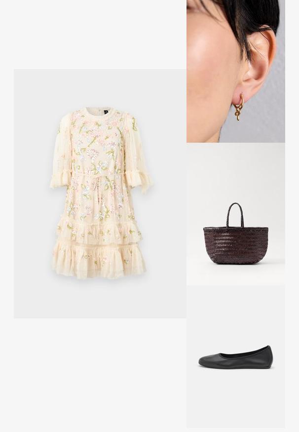 Robe brodée en tissu léger beige doux avec des motifs floraux, volants superposés et manches bouffantes. Liens à nouer à la taille pour un ajustement parfait.; Ballerines en cuir noir avec un bout rond, texture lisse, détails de couture minimalistes et design de semelle flexible.; DRAGON DIFFUSION BAMBOO TRIPLE JUMP SMALL - Sac à main - dark brown; Boucle d'oreille en or avec un design organique et fluide, présentant des accents texturés et une finition lisse, portée sur une oreille percée.