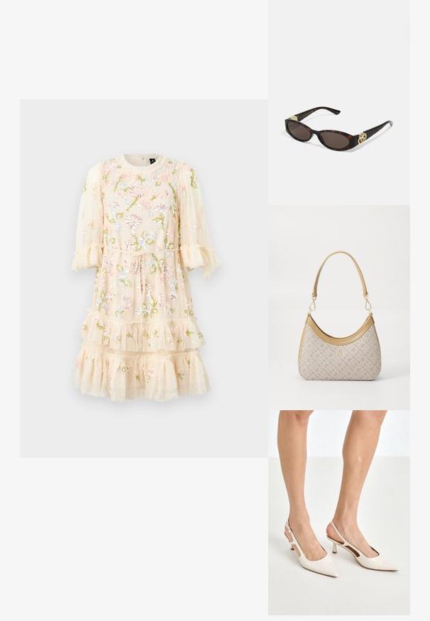 Abito ricamato in morbido tessuto beige traslucido con motivi floreali, volant sovrapposti e maniche a sbuffo. Legature in vita con cordoncino per adattare la vestibilità.; Tacchi slingback in pelle lucida beige con punta affusolata e tacco di 5 cm, caratterizzati da lati traforati e una sottile fascia alla caviglia.; Occhiali da sole tartarugati con lenti ovali allungate, tonalità marrone, accenti dorati con logo sulle tempie e aste nere eleganti.; Borsa a tracolla beige con un motivo stampato, forma curvata, dettagli in pelle e un logo dorato sul davanti. Presenta una maniglia corta per un facile trasporto.