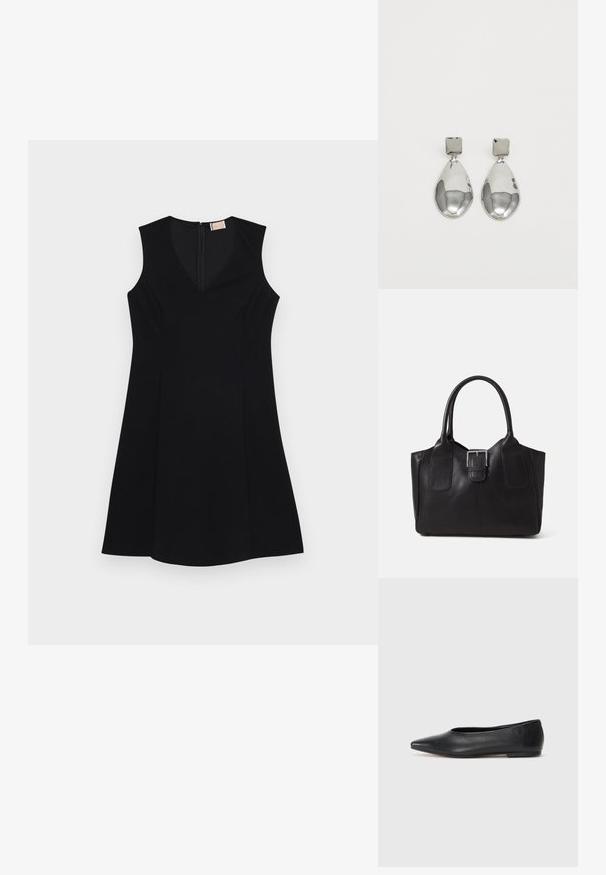 Svart ermeløs kjole med V-hals, svakt utsvingt fasong, glatt stoff og glidelås i ryggen. Minimalistisk design uten mønstre.; Sorte lærballerina med spiss tå, minimalistisk design, glatt tekstur, lav hæl uten synlig metall eller dekorasjoner.; Svart skinn toteveske med jevn tekstur, strukturert form, to håndtak og en fremtredende sølvspenne foran.; Sølv dråpeøreringer med firkantet studs, med en glatt, polert overflate og en tåreformet design som reflekterer lys med en blank overflate.