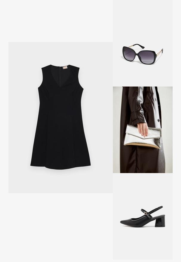 Svart ärmlös klänning med V-ringning, något utställd form, slät tyg och dragkedja på ryggen. Minimalistisk design utan mönster.; Svarta lackläder slingback-klackar med spetsig tå, en rundad utskärning och en blockklack. Utsmyckad med en spänne i guldton.; Svarta överdimensionerade solglasögon med gradientlinser, tjocka bågar och kedjedetaljer i guldton vid tempelarmarna.; Silverfärgad metallisk kuvertväska med en vinkelrät design, slät textur och kontrasterande innervärd, hålls i en hand som bär en svart kappa.