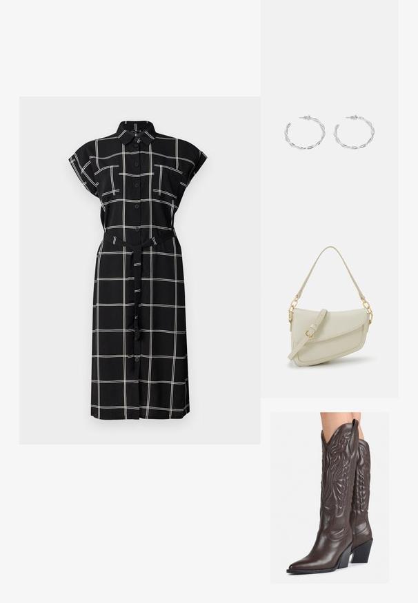 Svart skjortekjole med hvitt rutemønster, korte oppbrettede ermer, to brystlommer og et matchende belte i midjen.; Brune skinncowboystøvler med spiss tå og blokkhelt, med detaljerte sømmer og hevede detaljer på skaftet.; Liten kremfarget håndveske med teksturert overflate, lang justerbar stropp, kjedeakenter og klaffelukking. Detaljer i gullfarge.; Sølv hoops øredobber med en tvistet design, som har en polert finish og bakstøtte. Mål omtrent 3 cm i diameter.