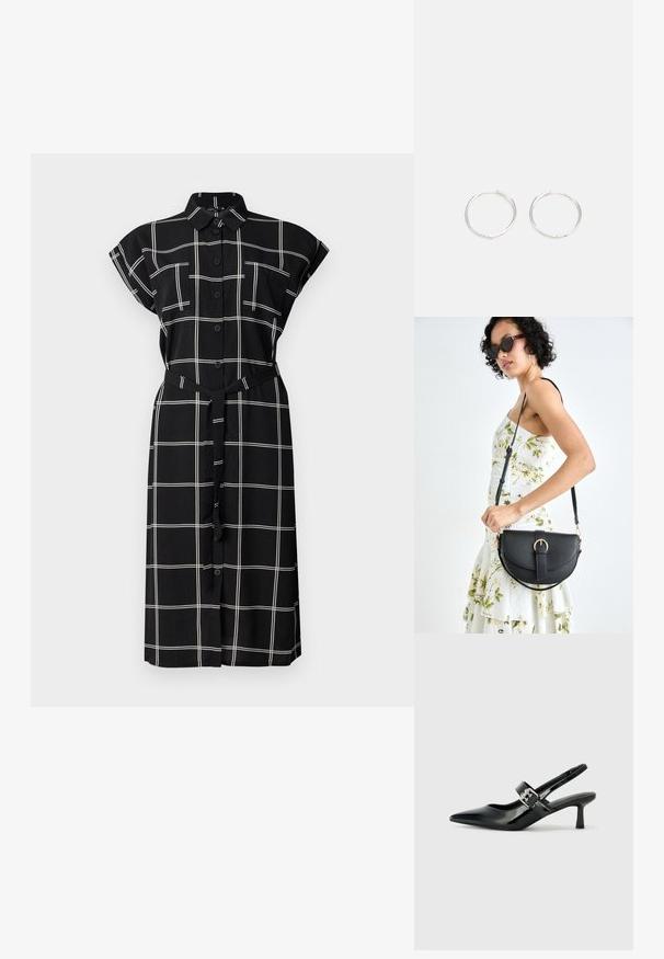 Fekete gombos ruha fehér négyzetmintával, rövid felgöngyölt ujjakkal, két mellzsebbel és hozzáillő övvel a deréknál.; Fekete lakkbőr slingback sarkú cipők hegyes orral és kis blokk talppal, ezüst csat díszítéssel a pánton.; Fekete bőrtáska ívelt formával, levehető pánttal és arany színű fémrészekkel. A táskán egy csattal díszített fedél található.; Ezüst karika fülbevalók, letisztult, kerek formával, sima felülettel és látható díszítés nélkül. A átmérő nem megadott.