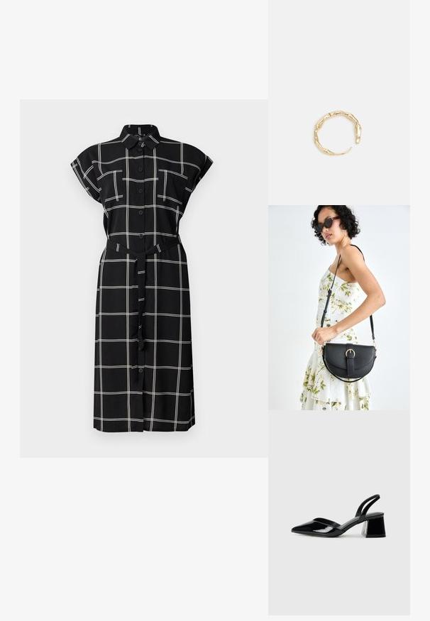 Schwarzes Hemdkleid mit weißem Gittermuster, kurzen umgeschlagenen Ärmeln, zwei Brusttaschen und einem passenden Gürtel in der Taille.; Schwarze Lackleder-Slingback-High Heels mit spitzem Schuh und einem geometrischen Blockabsatz. Verfügt über ein schlankes, minimalistisches Design und eine glatte Textur.; Schwarze Lederhandtasche mit geschwungener Form, abnehmbarem Tragegurt und goldenen Beschlägen. Die Tasche verfügt über einen Deckel mit einer Schnallen-Details.; Goldfarbener Ring mit einem organischen, gedrehten Design, glatter Oberfläche und sich verjüngenden Enden, was ein modernes, skulpturales Erscheinungsbild erzeugt.