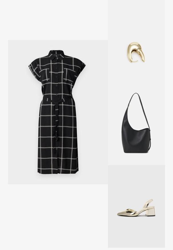 Czarna sukienka z guzikami, w białą kratkę, z krótkimi, podwiniętymi rękawami, dwiema kieszeniami na piersi oraz dopasowanym paskiem w talii.; Złote, metaliczne szpilki z boku z wydłużonym noskiem i grubym obcasem. Gładka faktura, minimalistyczny design i wąski pasek.; Czarna skórzana torba hobo o gładkiej fakturze, zaokrąglonym kształcie i pojedynczym, regulowanym pasku; posiada szerokie otwarcie na górze.; Złote metalowe kolczyki o eleganckim, zakrzywionym kształcie. Posiadają charakterystyczny szpiczasty kształt, polerowaną powierzchnię oraz zapięcie na zawias.