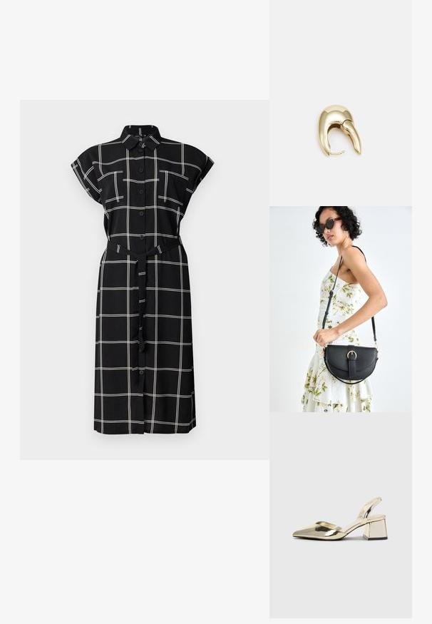 Crna košulja haljina s bijelim kvadratnim uzorkom, kratkim rukavima s prevrnutim rubom, dva džepa na prsima i odgovarajućim remenom u struku.; Zlatni metalik slingback sandali s šiljatim vrhom i debelim potpeticama. Glatka tekstura, minimalistički dizajn i uski remen.; Crna kožna torba s lukovitim oblikom, odvojivim remenom i zlatnim detaljima. Torba ima preklop s kopčom.; Zlatne metalne naušnice s elegantnim, zakrivljenim dizajnom. Imaju karakterističan šiljast oblik, poliranu površinu i zatvaranje na šarku.