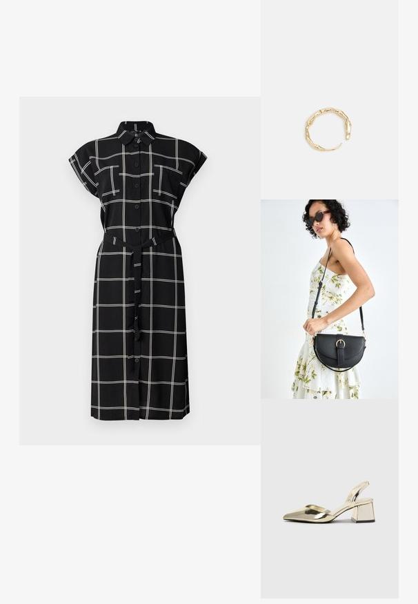 Czarna sukienka z guzikami, w białą kratkę, z krótkimi, podwiniętymi rękawami, dwiema kieszeniami na piersi oraz dopasowanym paskiem w talii.; Złote, metaliczne szpilki z boku z wydłużonym noskiem i grubym obcasem. Gładka faktura, minimalistyczny design i wąski pasek.; Czarna skórzana torebka o zakrzywionym kształcie, z odpinanym paskiem i złotymi akcentami. Torebka posiada klapę z zapięciem w kształcie klamry.; Pierścionek w odcieniu złota z organicznym, skręconym wzorem, o gładkiej fakturze i zwężających się końcach, tworzący nowoczesny, rzeźbiarski wygląd.
