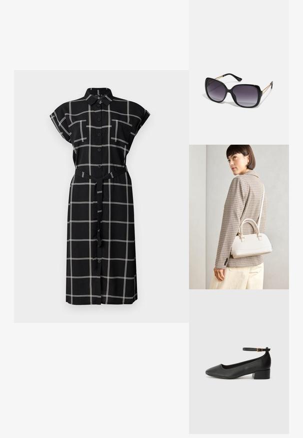 Vestido preto com botão, padrão de grelha branca, mangas curtas enroladas, dois bolsos no peito e um cinto a condizer na cintura.; Sandal de pele preta com bico pontiagudo e um salto bloco baixo. Apresenta uma tira no tornozelo com uma fivela em tom dourado. Textura suave.; Óculos de sol oversized pretos com lentes degradê, armações grossas e detalhes em corrente dourada nas hastes.; Bolsa estruturada branca com alças curtas e uma alça de ombro, com detalhes em hardware dourado e material texturizado, exibida contra um fundo cinza.