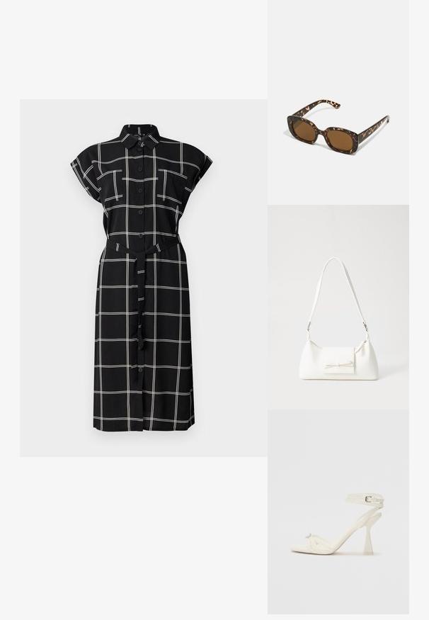 Vestido preto com botão, padrão de grelha branca, mangas curtas enroladas, dois bolsos no peito e um cinto a condizer na cintura.; Sandal de salto alto com tiras em couro branco, com um design elegante, um salto bloco transparente e um elemento decorativo na ponta.; Óculos de sol tartaruga com uma armação redonda e robusta e lentes castanhas. Apresenta padrões subtis e hastes direitas e afinadas.; Mala sintética branca com formato triangular, aba frontal plana e detalhe de laço, alça ajustável, textura suave e design minimalista.