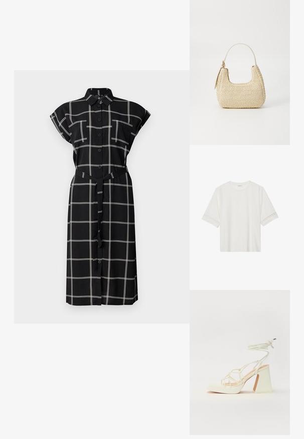 Musternööriga must nööpide kohta kleit, valge ruudustik, lühikesed rullitud varrukad, kaks rinna-taskut ja sobiv vöö taljes.; Valge lühikese varrukaga T-särk, mis on valmistatud puuvillast, kaunistatud pitsiga varrukate ääres ja ümmarguse kaelusega.; Valged kõrge kontsaga sandaalid, millel on paks konts ja rihmadega disain koos pahkluu sidumisega. Sile tekstuur ja platvorm ees, et lisada kõrgust.; Kootud heleda õlgedest käekott kaarjas vormis, lühikese käepideme ja külgseppimisega. Omab tekstuurset pinda ja minimalistlikku disaini.