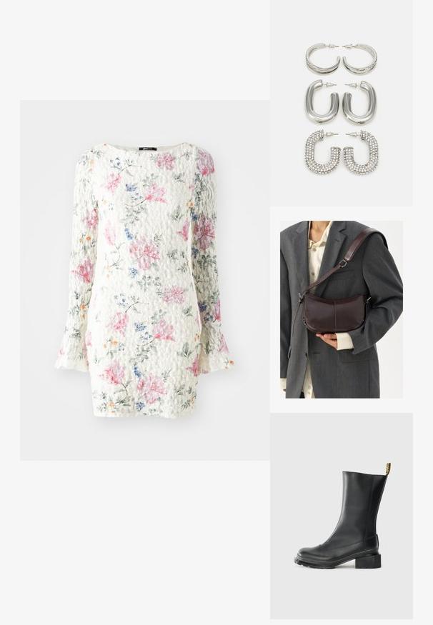 Λευκό φόρεμα με λουλούδια που διαθέτει υφή, μακριά μανίκια και εφαρμοστή σιλουέτα με ροζ και μπλε λουλούδια σε όλη την έκταση.; Μαύρο δερμάτινο μποτάκι μέχρι τον αστράγαλο με φαρδύ τακούνι, λεία υφή, στρογγυλή μύτη και λοξοτσαρούχλι με κίτρινο λογότυπο.; Καφέ δερμάτινη τσάντα ώμου με καμπύλη σχεδίαση, διαθέτοντας αποσπώμενο λουρί, απαλό υφή και ορατές ραφές.; Τέσσερα ζευγάρια ασημένια σκουλαρίκια: δύο γυαλιστερές, λείες σχέσεις βρόχου, ένα με υφή και ένα καλυμμένο με μικρές διάφανες ρουμπίνες.
