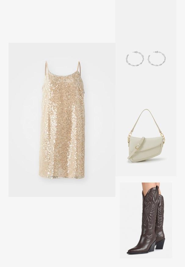 Bež haljina bez rukava prekrivena sjajnim šljokicama, sa ravnim krojem i mekanom teksturom, s tankim podesivim trakama.; Smeđe kožne kauboj čizme s šiljastim vrhom i blok-potpeticom, s detaljno izvezenim šavovima i uzdignutim naglascima na okovu.; Mala krem torbica s teksturiranim finišom, dugačkim podesivim remenom, lančanim detaljem i preklopom. Zlaćani hardver.; Srebrne naušnice s obručima i uvijenim dizajnom, s poliranim završetkom i pričvršćivanjem na stražnjoj strani. Mjere otprilike 3 cm u promjeru.