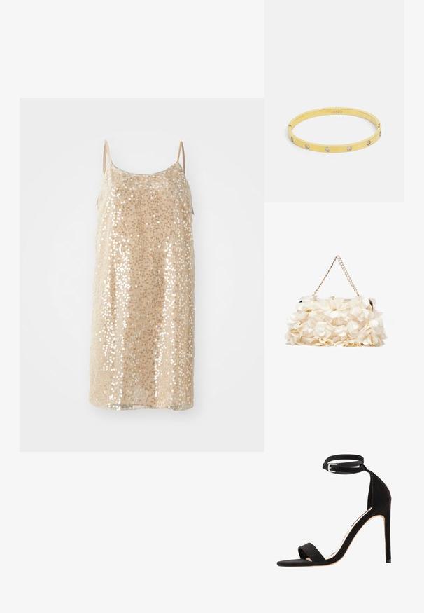 Bežinė be rankovių suknelė, padengta blizgiais karoliukais, turinti tiesų kirpimą ir švelnią tekstūrą, su plonais reguliuojamais petnešomis.; Juodi zomšiniai aukštakulniai šlepetės su paprastu dirželio dizainu, atvira kojų pirštų dalimi ir kulkšnis apimančiu dirželiu su sidabrine sagtimi.; Balta gėlių rankinė su susiraukšlėjusia audinio paviršiumi, auksinės spalvos grandinėlės dirželiu ir metaliniu uždarymu. Papuošta tekstūruotomis žiedlapėmis, pridėjančiomis detalių.; Aukso apyrankė turi lygiapusišką, elegantišką dizainą su penkiomis skaidriomis cirkonio akmenimis tolygiai išdėstytais ant juostos. Viduje išgraviruotas logotipas.