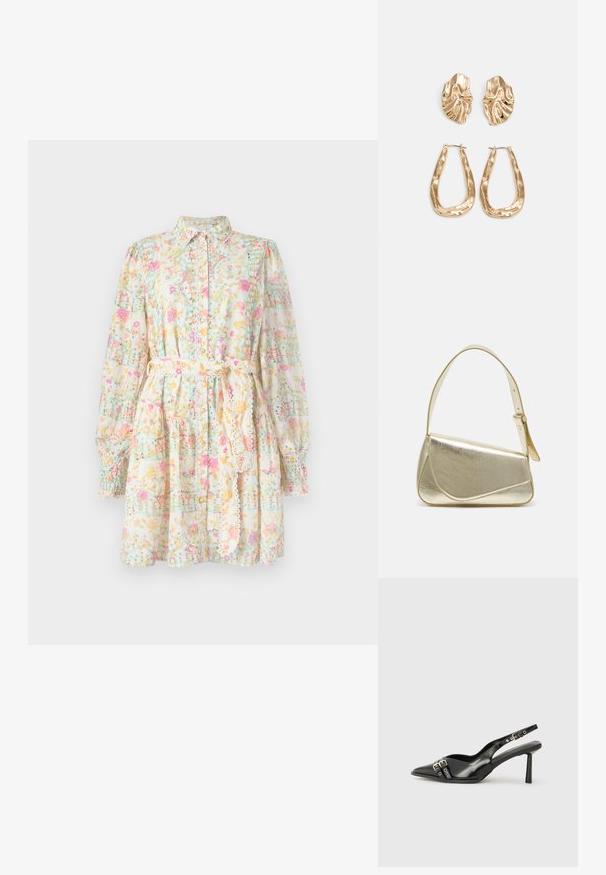 Blomstret kjole i let stof, med kraveudskæring, lange pufærmer, bindebælte og mønstret med pastelfarvede blomster og rutenet.; Sorte patentlær slingback-sko med spiss tå, ankelremmer med sølvspenner og detaljer, og en slank hæl.; Gullfarget metallisk håndveske med en strukturert design, glatt tekstur og justerbar stropp. Har en unik trekantet form og minimalistisk søm.; Gullfargede øredobber med teksturerte, bølgete former. Inkluderer skulpturelle klipsstuds og åpen hoop-design med en hamret finish.