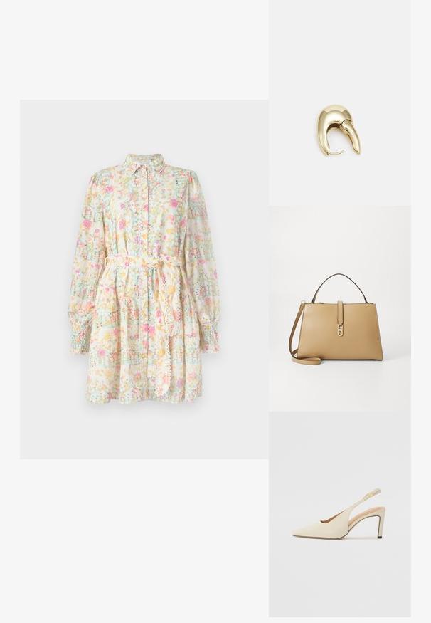 Abito floreale in tessuto leggero, con colletto, maniche lunghe a sbuffo, cintura a fiocco e decorato con fiori pastello e linee a griglia.; Décolleté slingback beige in pelle con punta affusolata, design aperto ai lati e tacco alto sottile. Presenta un accento dorato sulla cinghia.; Tommy Hilfiger LIBRE SATCHEL - Borsa a mano - safari; Orecchino in metallo color oro con un design elegante e curvo. Presenta una forma appuntita distintiva, superficie lucida e chiusura a cerniera.