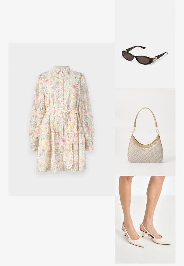 Kwiatowa sukienka z lekkiego materiału, z kołnierzykiem, długimi bufiastymi rękawami, paskiem do przewiązania w talii, wzorzysta w pastelowe kwiaty i linie siatki.; Beżowe lakierowane szpilki z odkrytą piętą, zakończone spiczastym noskiem i 5 cm obcasem, z wyciętymi bokami oraz cienkim paskiem na kostce.; Słoneczne okulary w kolorze żółwi z wydłużonymi owalnymi soczewkami, brązowym odcieniem, złotymi akcentami logo na zausznikach oraz smukłymi czarnymi ramionami.; Beżowa torebka w wzory o zakrzywionym kształcie, z skórzanymi akcentami i złotym logo z przodu. Posiada krótki uchwyt, co ułatwia noszenie.
