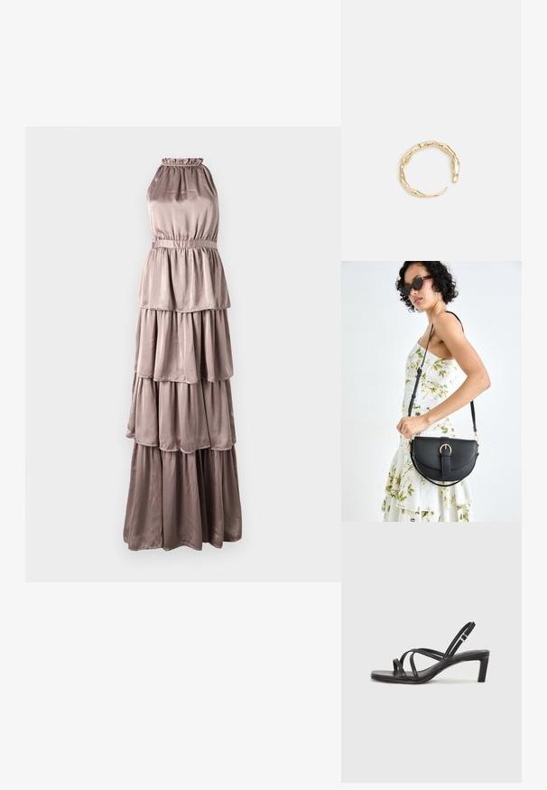 Maxi suknelė su keliomis dalimis šviesiai taupe spalvos, satino medžiagos. Turi halter tipo apykaklę, elastingą juosmenį ir sluoksniuotas volangas sijone.; Juodi šlepetės su kvadratiniu pirštu ir žemu bloku kulnu. Yra keli ploni dirželiai ir reguliuojamas kulkšnies diržas. Pagaminti iš lygios odos.; Juodas odinis krepšys su išlenkta forma, nuimamu dirželiu ir auksiniais detalėmis. Krepšys turi kilpą su sagtimi.; Auksinės spalvos žiedas, turintis organišką, sukimosi dizainą su lygiu paviršiumi ir siaurėjančiais galais, sukuriantis modernią skulptūrinę išvaizdą.