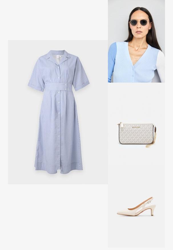 Rochie cu dungi în albastru deschis și alb, cu guler, mâneci scurte, sistem de nasturi și talie evidențiată cu curea.; Sandaie cu toc alb, cu vârful ascuțit, material superior neted, toc mic tip bloc și design cu decupaj lateral, cu curea ajustabilă.; Ochelari de soare rotunzi cu lentile întunecate și rame aurii. Modelul poartă un cardigan ribbed de culoare albastru deschis cu nasturi și mâneci albe în contrast.; Clutch Michael Kors din canva acoperit bej, cu un model repetitiv al logo-ului MK, accesorii din aur și o curea cu lanț detașabil.