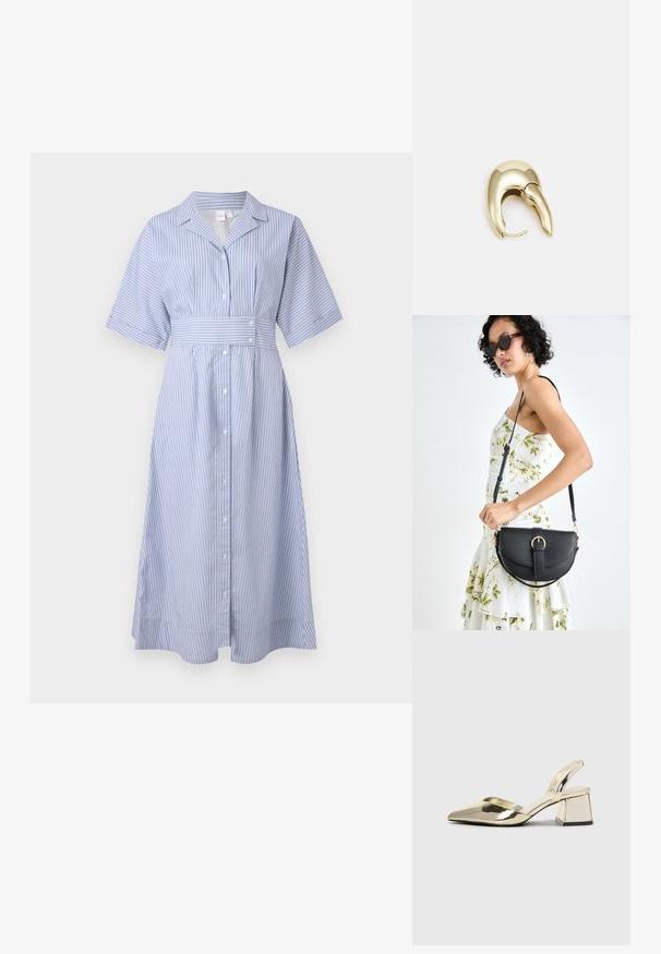 Stripete skjortekjole i lys blå og hvit, med krage, kortermer, knappestolpe og belte i midjen for form.; Gull, metallisk slingback-hæler med spiss tå og chunky hæl. Glatt tekstur, minimalistisk design og en smal stropp.; Svart lærveske med en buet form, avtagbar stropp og gullbeslag. Vesken har et klaff med spenne-detall.; Gullfarget metalløredobber med et elegant, buet design. Har en karakteristisk spiss form, polert overflate og hengsel-lukking.