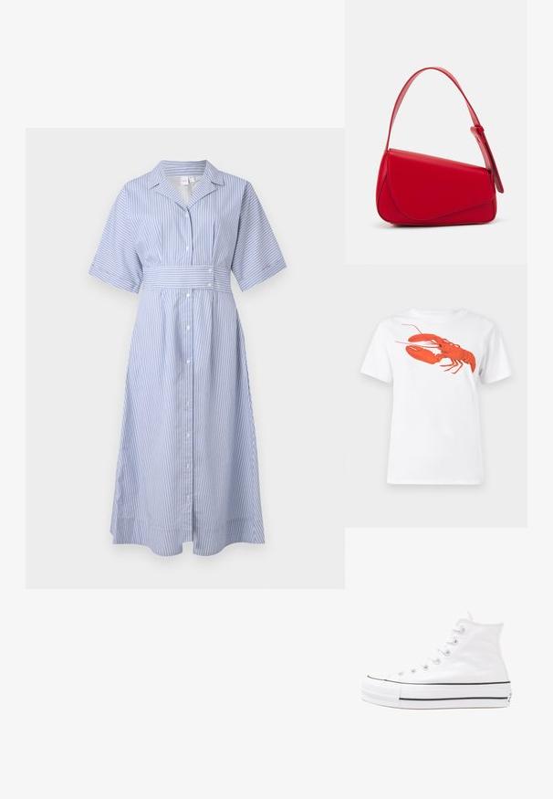 Stripete skjortekjole i lys blå og hvit, med krage, kortermer, knappestolpe og belte i midjen for form.; Hvit bomull t-skjorte med et stort, lyst rødt hummermotiv på fronten. Korte ermer og standard rund hals-design.; Hvit høy-skinn kanvas sneakers med svart gummisåle, gummitåhette foran og seks hull for snorer, med et rent, minimalistisk design.; Rød lærveske med en vinklet, geometrisk design. Har en enkelt justerbar stropp og en klaffelukking med sydd detaljer.