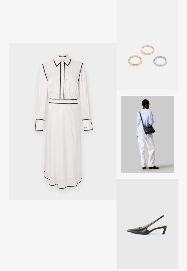 Biele šaty s čiernym lemovaním, golierom, dlhými rukávmi, predným zapínaním na gombíky a A-línie siluetou. Obsahujú vyšívaný detail na rukáve.; Čierne slingback topánky s ostrou špičkou a nízkym opätkom, vyrobené z hladkej kože a s výrezmi na boku pre lepšiu priedušnosť.; Čierna kožená ramenná taška so mäkkou textúrou, trojuholníkovým tvarom a nastaviteľným popruhom, skombinovaná s svetlomodrou pruhovanou košeľou a bielymi nohavicami.; Triumf kovových prsteňov: jeden v ružovom zlate, jeden zlatý s textúrovanými akcentmi a jeden strieborný, všetky s gravírovaným logom na vnútornej strane.