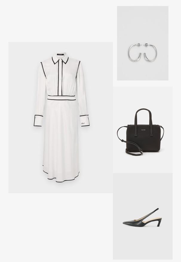 Baltā krekliņa kleita ar melniem akcentiem, apkakles kakla dizains, garās piedurknes, pogu priekšpuse un A-line siluets. Izaudzēta detaļa uz piedurknes.; Melna, ar smailu purngalu, slingback kurpe ar zemu papēdi, izgatavota no gludas ādas materiāla un ar izgriezumiem sānos gaisa caurlaidībai.; Melns roku soma ar divām īsām rokturiem un noņemamu plecu siksnu. Gluda ādas līdzīga materiāla ar rāvējslēdzēja aizdari un logos detaļu.; Sudraba riņķveida auskari ar gludu, spīdīgu apdari. Apaļas formas, viegla dizaina, ar aizdari uz stieples.