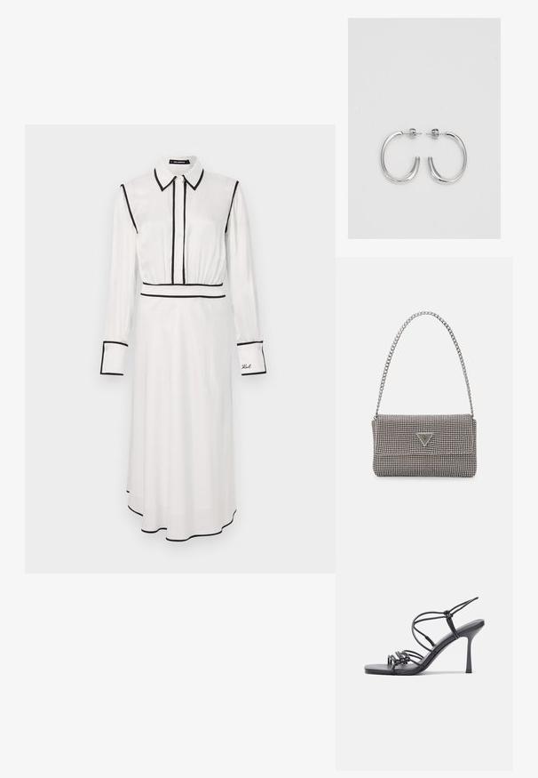 Balta marškinių suknelė su juodu apvadu, apykaklės iškirpte, ilgomis rankovėmis, su mygtukais priekyje ir A formos siluetu. Išsiskiria siuvinėjimu ant rankovės.; Juodos aukštakulnės sandalai pasižymi plonyčiais dirželiais su mazgo dizainu, lygiu kvadratiniu pirštu ir elegantišku stiletto kulnu.; Šviesiai pilka metalinė rankinė su grandinėlės dirželiu, papuošta mažais apvaliais metaliniais smeigėmis ir trikampiu prekės ženklu.; Sidabrinės auskarai žiedai su lygiu, blizgiu paviršiumi. Suapvalinta forma, lengvas dizainas, su uždarymu ant smeigtuko.