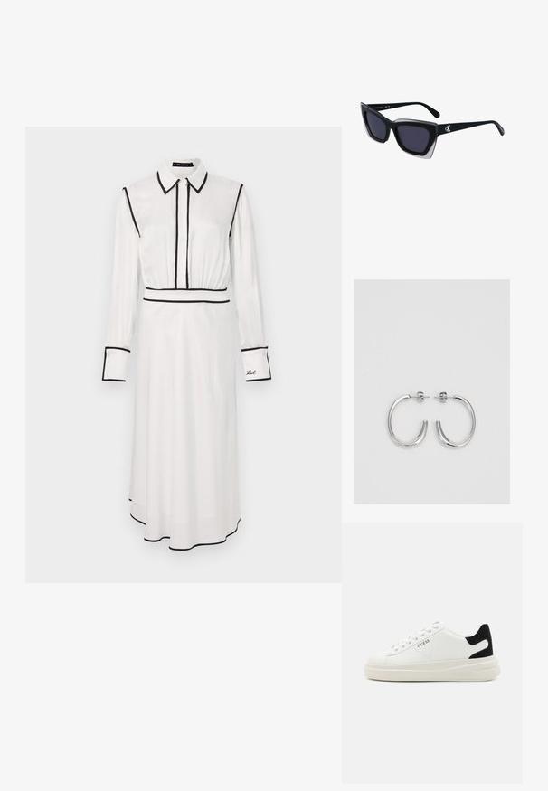 Baltā krekliņa kleita ar melniem akcentiem, apkakles kakla dizains, garās piedurknes, pogu priekšpuse un A-line siluets. Izaudzēta detaļa uz piedurknes.; Baltas ādas sporta apavi ar biezu balto zoli, melna zamša uzpura un izspiestais logotips sānos. Šņorējuma dizains ar sešiem acu caurumiem.; Melni pārmēru saulesbrilles ar ģeometrisku formu, kas aprīkotas ar tumšiem stikliem un kontrastējošu pelēku akcentu uz rāmja. Logo uz kājas.; Sudraba riņķveida auskari ar gludu, spīdīgu apdari. Apaļas formas, viegla dizaina, ar aizdari uz stieples.