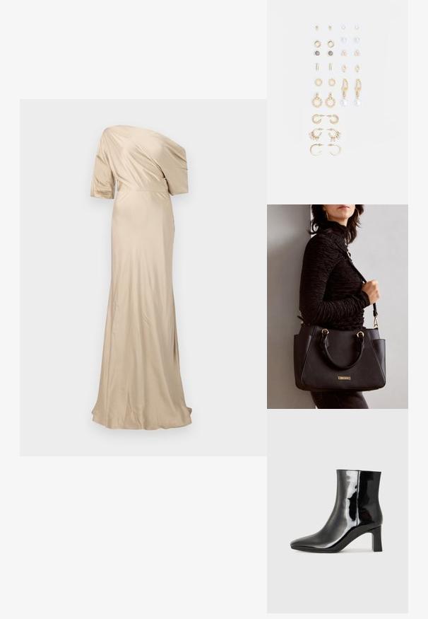 Malina MARISA ASYMMETRICAL - Ballkjole - champagne; Sorte patentlær ankle boot med spiss tå og en mellomhøy blokkhelt. Glatt tekstur og minimalistisk design.; Svart håndveske med teksturert overflate, doble topphåndtak og justerbar skulderrem. Har detaljer i gulltone og sidelommer.; Sett med gullfargede øredobber med ulike design, inkludert stikkere, hoops og hengende deler med perler og rhinestones.