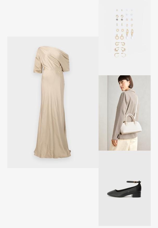 Malina MARISA ASYMMETRICAL - Alkalmi viselet - champagne; Fekete bőr magassarkú cipő hegyes orral és alacsony tömb sarkal. Bokapánttal rendelkezik, aranyszínű csattal. Simább textúra.; Fehér, strukturált kézitáska rövid füllel és vállpánttal, arany színű fém kiegészítőkkel és texturált anyagból, szürke háttér előtt bemutatva.; Arany tónusú fülbevalók szettje, amely különféle mintákat tartalmaz, beleértve a stift fülbevalókat, karikákat és gyöngyökkel és strasszokkal díszített hosszú fülbevalókat.