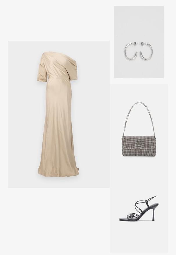 Malina MARISA ASYMMETRICAL - Iltapuku - champagne; Mustat korkokengät sandaalit, joissa on ohuet hihnat solmittuna, sileä neliön muotoinen varvasosa ja tyylikäs stiletto-korko.; Vaalea harmaa metallinen käsilaukku, jossa on ketjusanka. Laukku on koristeltu pienillä pyöreillä metallikoruilla ja kolmion muotoisella brändilogolla.; Hopehopeet hopehopeet hopehopeet hopehopeet, jolla on sileä, kiiltävä pinta. Pyöreä muoto, kevyt rakenne, jossa on neulakiinnitys.