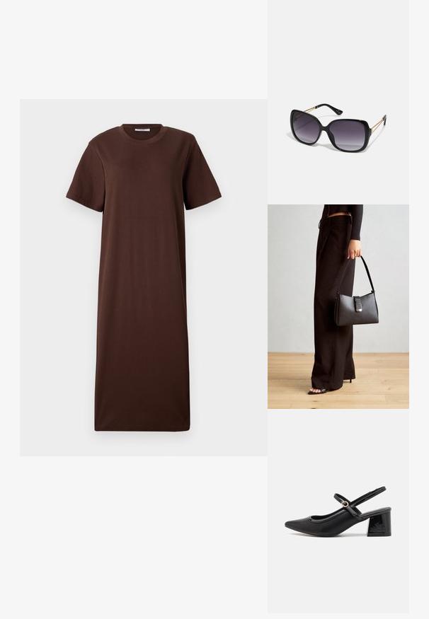 Pruun puuvillane T-särgidress lühikeste varrukatega, ümmarguse kaelusega ja laia, sirge siluetiga. Sile tekstuur ja minimaalne disain.; Mustad läikivad nahast slingback-kõrged kontsad, millel on terav nina, ümar lõikekujundus ja blokknina. Omab kuldset nupu aktsenti.; Mustad ümarad päikeseglaasid, millel on gradient objektiivid, paksud raamid ja kuldse tooni kettaga kaunistused tempelitel.; Must musta kott, millel on struktureeritud kuju, sile tekstuur ja metallist klamber. Kombineeritud laiate mustade pükstega ja avatud varvaste sandaalidega puidust põrandal.