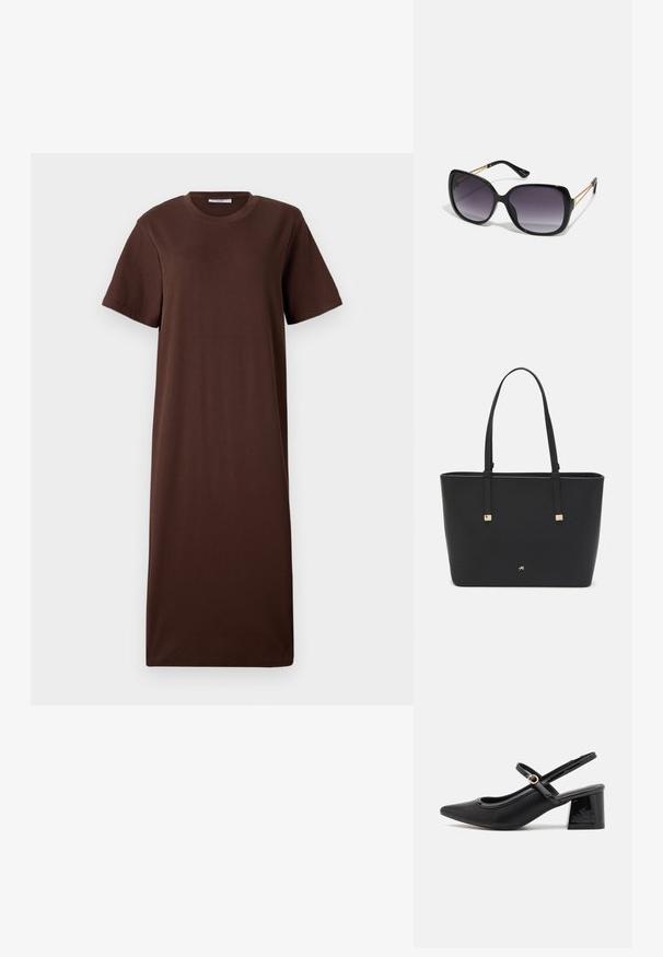 Rochie din bumbac maro, cu maneci scurte, guler rotund și siluetă lejeră, dreaptă. Textură fină și detalii de design minime.; Cizme cu toc slingback din piele sintetică lacuită neagră, cu vârful ascuțit, un design cu decupaj rotunjit și toc bloc. Include un accent cu cataramă de culoare aurie.; Ochelari de soare negri, supradimensionați, cu lentile degradate, rame groase și detalii cu lanț de ton auriu pe brațele templului.; Pungă tote neagră, fabricată din material sintetic, având un design simplu rectangular, accente aurii pătrate și mânere duble.