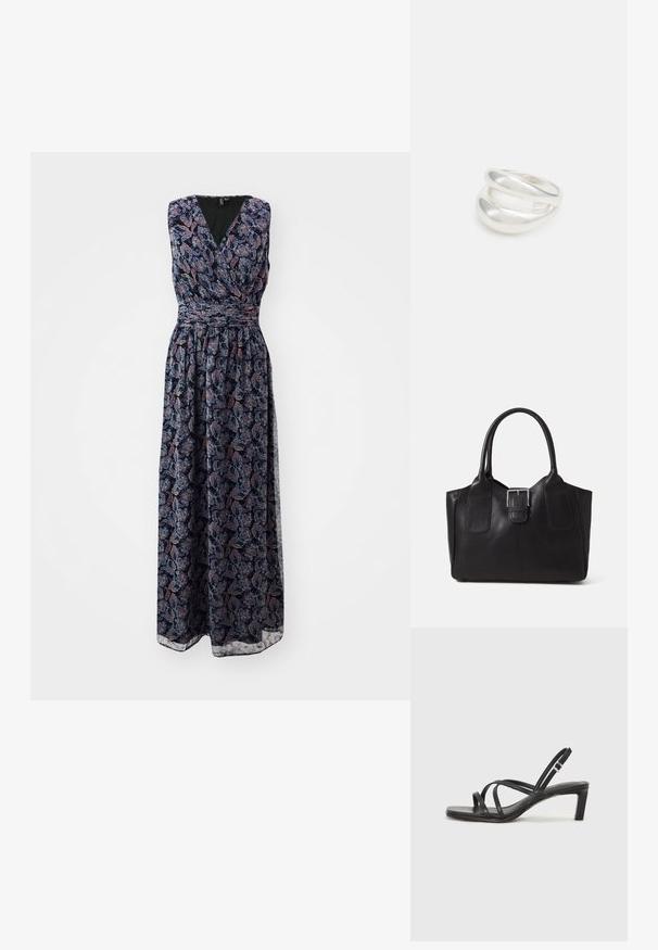 Maxi haljina s V-izrezom, bez rukava, s tamnim cvjetnim uzorkom u nijansama mornarsko plave i burgundca. Elastičan pojas i lepršava suknja.; Crne sandale s trakama, kvadratnim prstom i niskom blok petom. Ima više tankih trakica i podesivu trakicu oko gležnja. Izrađene su od glatke kože.; Crna kožna torba za nošenje s glatkom teksturom, strukturiranim oblikom, dvije ručke i istaknutim srebrnim kopčanjem na prednjoj strani.; Srebrna dvostruka prsten s glatkom, poliranom površinom. Karakterizira ga fluidan, zakrivljen dizajn s preklapajućim sekcijama za moderan izgled.