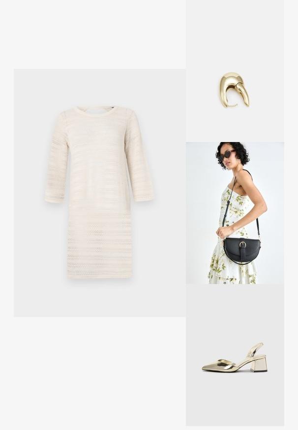 Abito crema al ginocchio con maniche a tre quarti, caratterizzato da un motivo testurizzato di strisce orizzontali. Collo rotondo, materiale in maglia leggera.; Tacchi slingback metallici color oro con punta appuntita e tacco grosso. Texture liscia, design minimalista e una cinghia stretta.; Borsa a tracolla nera in pelle con una forma curva, manico rimovibile e accessori dorati. La borsa presenta una patta con un dettaglio a fibbia.; Orecchino in metallo color oro con un design elegante e curvo. Presenta una forma appuntita distintiva, superficie lucida e chiusura a cerniera.