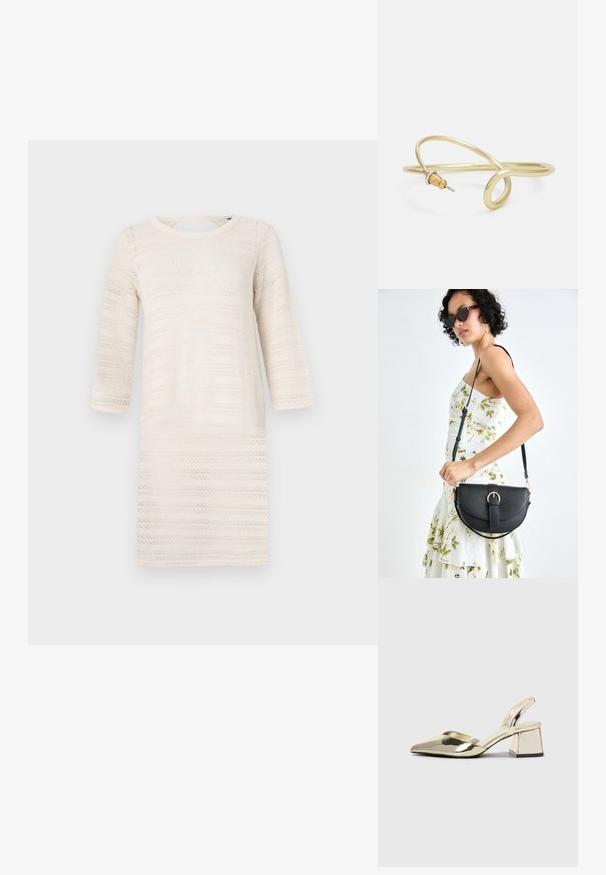 Knee-length kreminė suknelė su trim ketvirtadalių rankovėmis, turinti tekstūruotą horizontalių juostų raštą. Apskritas iškirpimas, lengvas mezginys.; Auksiniai, metaliniai slingback aukštakulniai bateliai su smailiu pirštu ir masyviu kulnu. Lygus paviršius, minimalizmo dizainas ir siaura juostelė.; Juodas odinis krepšys su išlenkta forma, nuimamu dirželiu ir auksiniais detalėmis. Krepšys turi kilpą su sagtimi.; Auksinės spalvos metalinė apyrankė su skysčiu, kreipiančiu dizainu. Viename gale yra mažas, išsiskiriantis, sidabrinės spalvos akcentas.